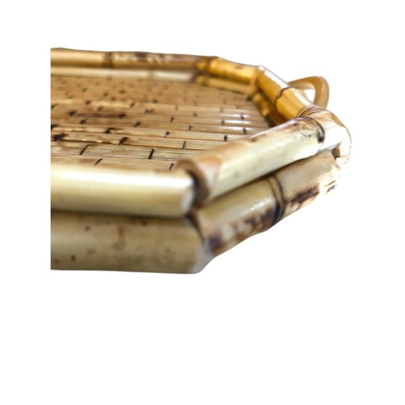 Vtg Rattan Bamboo Woven 3 Handled Tray Vanity Wicker Serving Platter 14”x10” - Picture 3 of 7